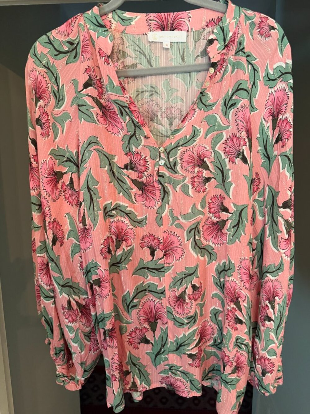 Corey Lynn Calter Pink Floral Metallic Sheer Blouse